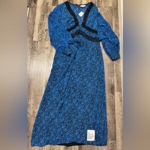 Topshop Blue and Black Floral Long Sleeve Dress